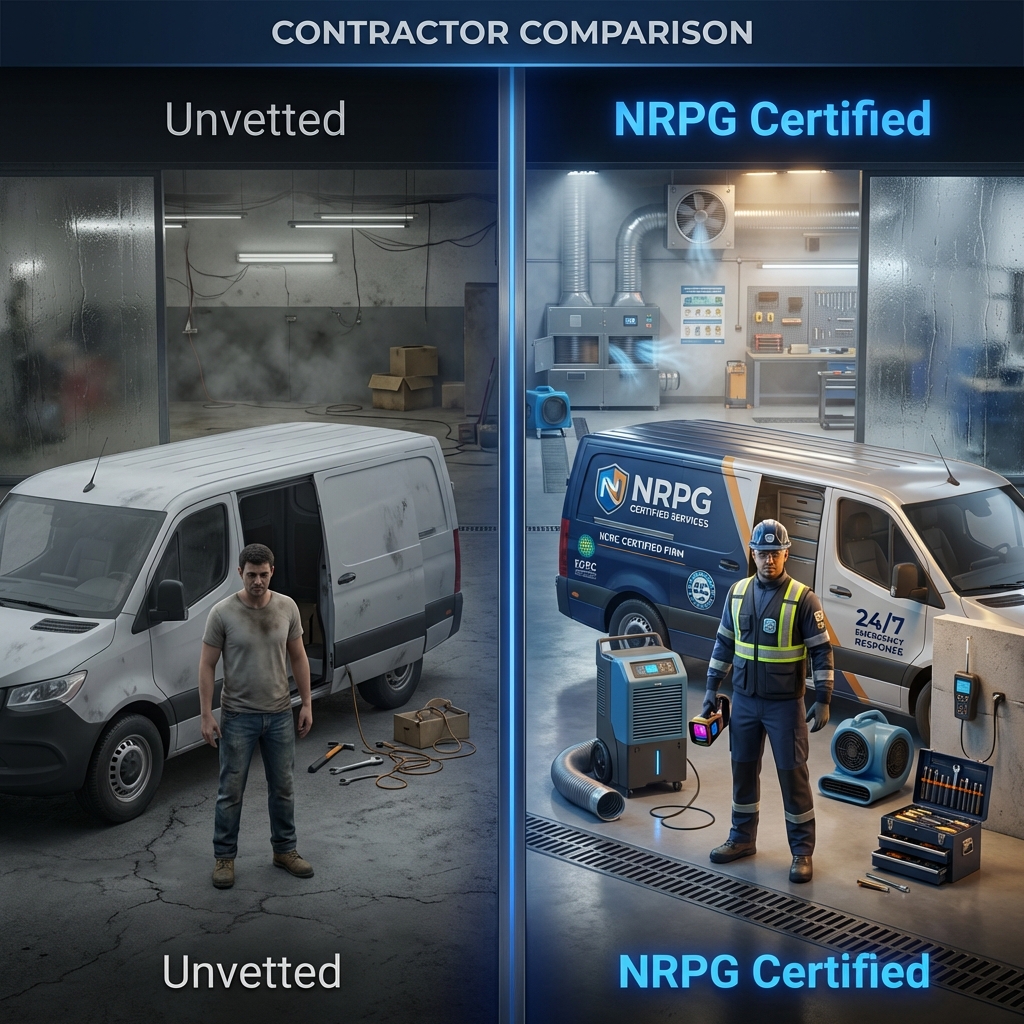 3D comparison showing standard TPA contractor versus NRPG-certified professional with equipment and credentials